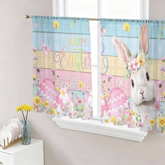 Colorful Easter Sheer Curtains 45 Inch Length 2 Panels Set Window Treatments, Spring Easter Bunny Eggs Floral Wooden Rod Pocket Semi Curtains for Living Room/Bedroom/Kitchen Décor, 104"W x 45"L