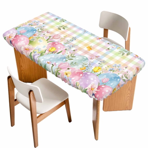 Colorful Easter Table Cloths for 3 Foot Rectangle Tables, Easter Eggs Botanical Spring Floral Patio Waterproof Elastic Fitted Tablecloths, Washable Rectangular Table Cover for Camping
