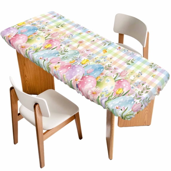 Colorful Easter Table Cloths for 8 Foot Rectangle Tables, Easter Eggs Botanical Spring Floral Patio Waterproof Elastic Fitted Tablecloths, Washable Rectangular Table Cover for Camping
