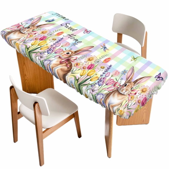 Colorful Easter Table Cloths for 8 Foot Rectangle Tables, Sprng Watercolor Bunny Tulip Flower Plaid Patio Waterproof Elastic Fitted Tablecloths, Washable Rectangular Table Cover for Camping