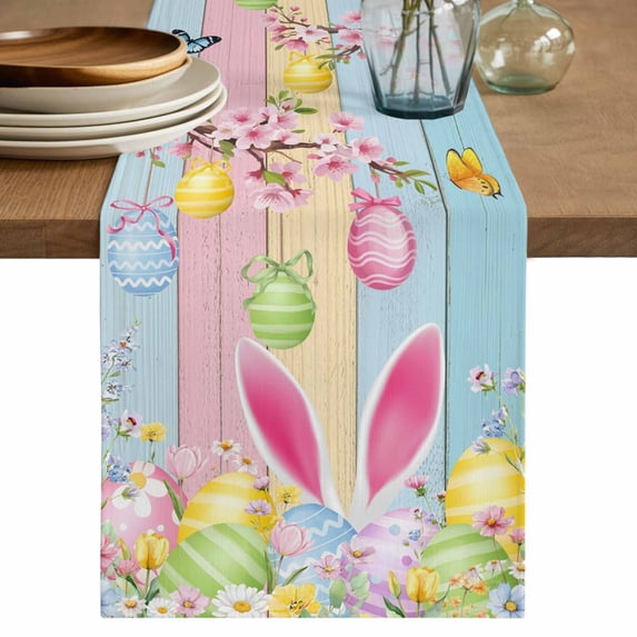 Colorful Easter Table Runner 48 Inches, Spring Watercolor Bunny Egg Flower Wood Grain Bed Runner Dresser Scarves Tabletop for Indoor Outdoor Parties/Ceremony/Banquet, 13" x 48"