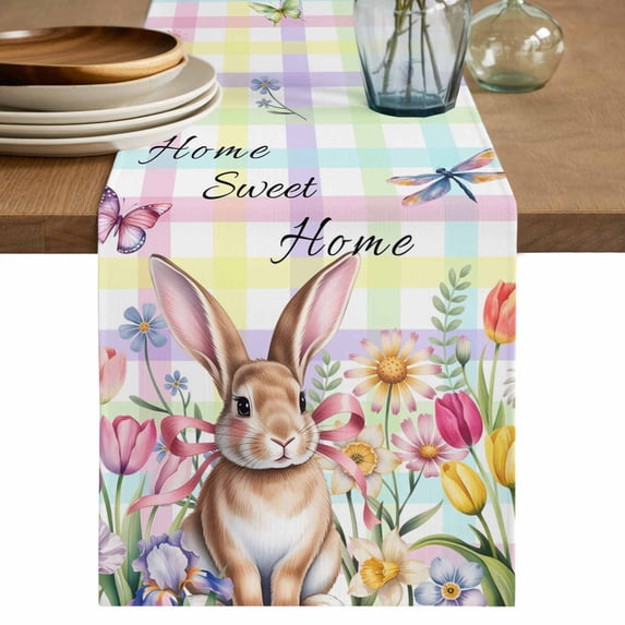 Colorful Easter Table Runner 60 Inches, Sprng Watercolor Bunny Tulip Flower Plaid Bed Runner Dresser Scarves Tabletop for Indoor Outdoor Parties/Ceremony/Banquet, 13" x 60"