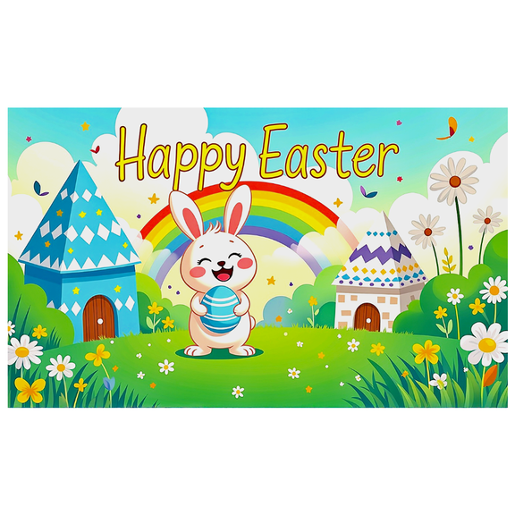 Colorful Easter Themed Backdrop Banner with Bunny Egg Rainbow and Houses Easter Party Decorations Photography Props Easter Celebration Happy Easter Decor Background