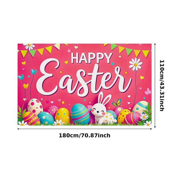 Colorful Easter Themed Background with Bunny Eggs Flowers and Banners Happy Easter Party Decorations Photography Props Easter Backdrop for Celebrations Events and Family Gatherings