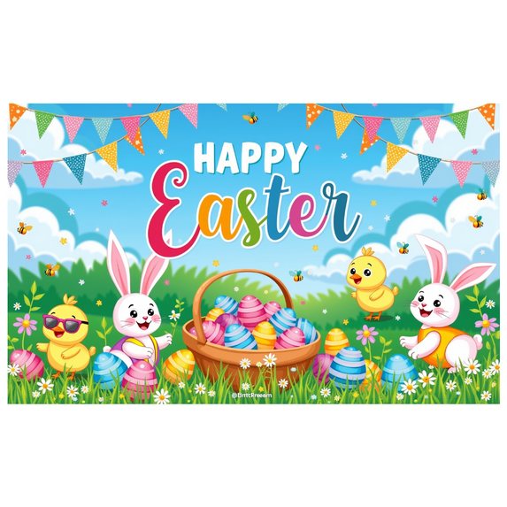 Colorful Easter Themed Banner with Bunny Chick and Egg Elements Happy Easter Party Decorations Backdrop for Easter Celebrations Photography Props Family Gatherings