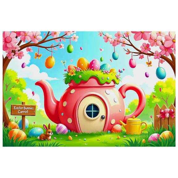 Colorful Easter Themed Banner with Bunny Eggs and Teapot House Backdrop Party Decoration Background for Easter Celebrations Egg Hunts and Family Gatherings