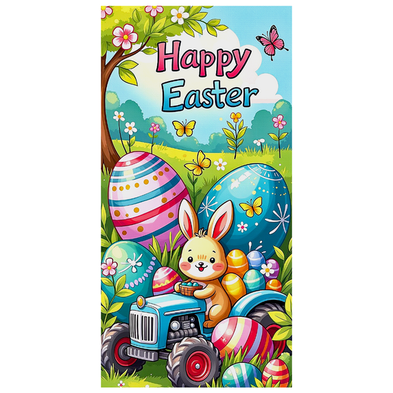 Colorful Easter Themed Banner with Bunny Tractor Eggs Flowers and Butterflies Easter Decoration Background Party Supplies Photography Props Easter Party Decorations