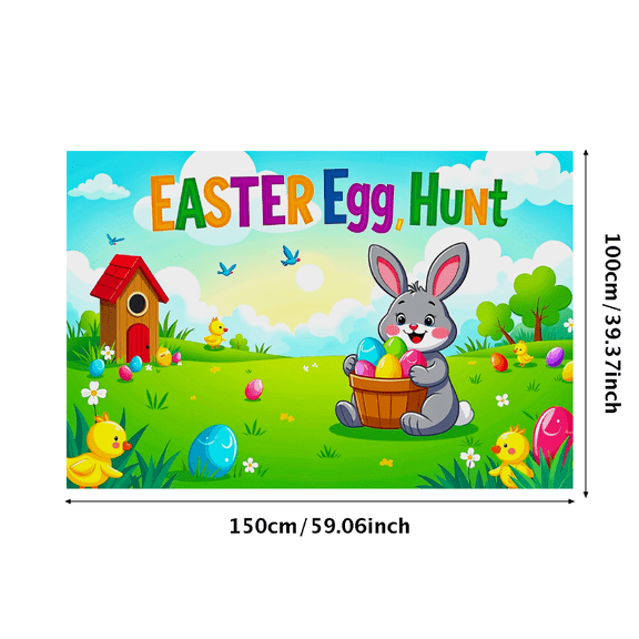 Colorful Easter Themed Egg Hunt Banner with Bunny Chick and Eggs Decorations Background for Easter Parties Family Gatherings Egg Hunting Events and Spring Celebrations