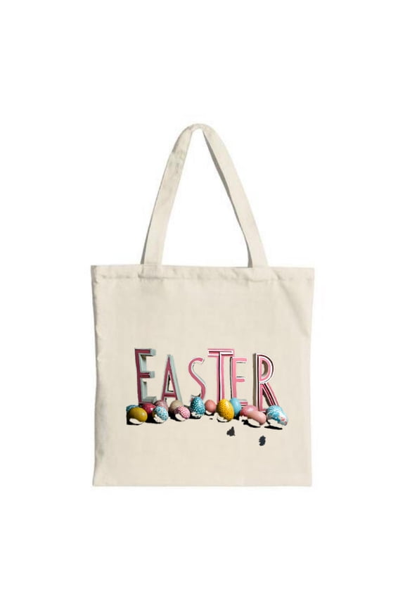 Colorful Easter Tote Bag - Cream Canvas with ' EASTER ' in vibrant letters adorned with decorative Easter eggs and candies
