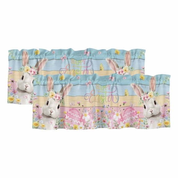 Colorful Easter Valances for Windows, Decorative Rod Pocket Window Valance Curtains, Spring Easter Bunny Eggs Floral Wooden Short Curtain Drapes for Kitchen/Living Room, 2 Panels, 42" W x 18" L