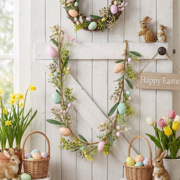 Colorful Easter Wreath 47in Faux Egg Butterfly Vine Garland Spring Floral Hanging Decoration for Door Wall Table Centerpiece Seasonal Home Porch Decor