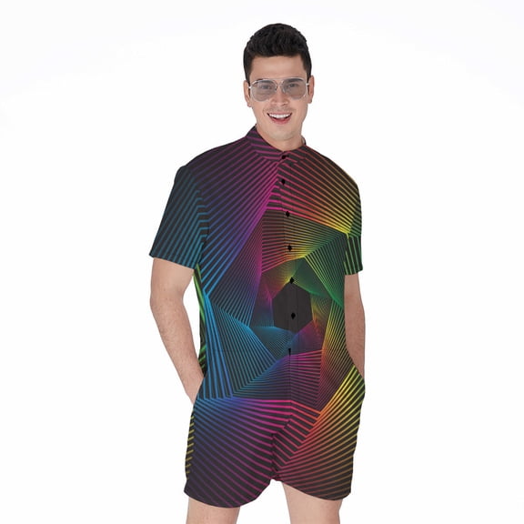 Colorful Edm Geometric Short Sleeve Men'S Rompers Casual Summer Jumpsuits Outfit