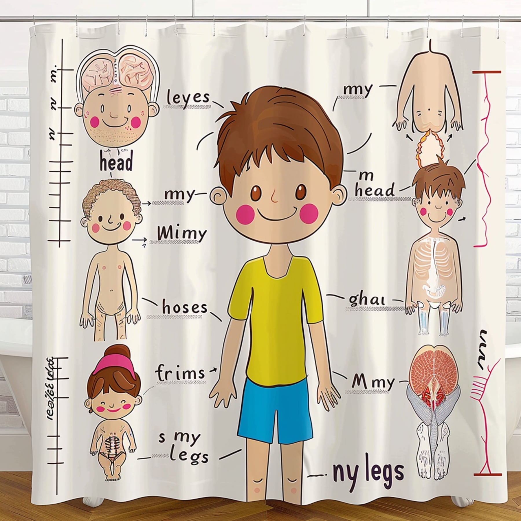 Interactive Human Body Educational Shower Curtain for Kids Learn Body Parts with Colorful