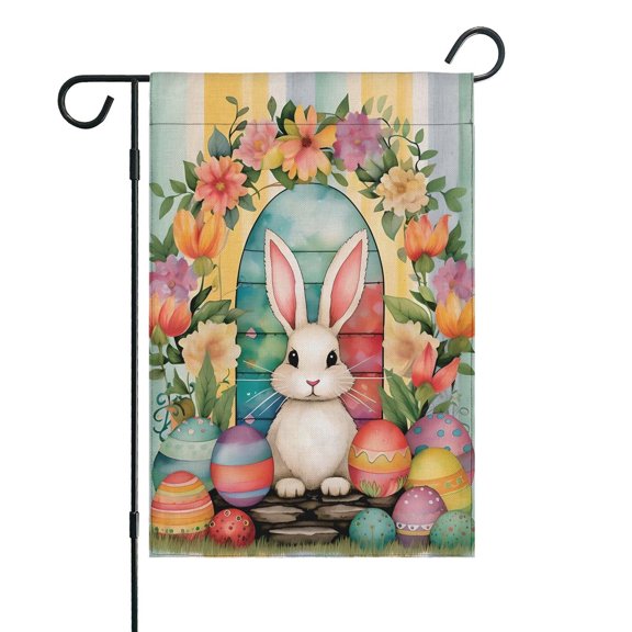 Colorful Eggs Cute Bunny Rabits House Flag Happy Easter Day Garden Flag Irish Holiday Welcome Flag 12×18 in Burlap Small Yard Decoration