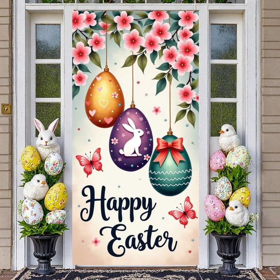 Colorful Eggs Easter Banner Bunny Pattern Happy Easter Display Floral Design Pink Blossoms Easter Egg Backdrop for Easter Party Family Gathering Kids Celebration