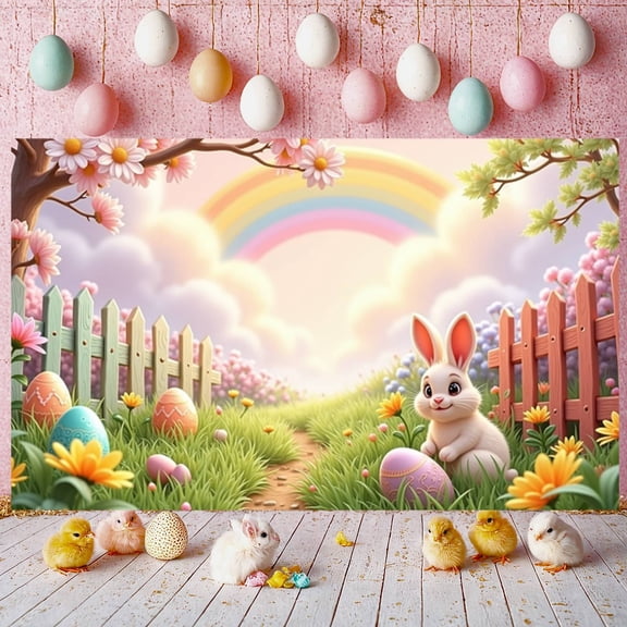Colorful Eggs Easter Banner Cherry Blossom Spring Backdrop Rainbow Cute Bunny Egg Hunt Background for Easter Party Spring Celebration Kids Activity