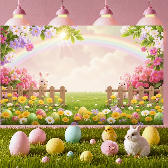 Colorful Eggs Easter Banner Cherry Blossom Spring Backdrop Rainbow Cute Bunny Egg Hunt Background for Easter Party Spring Celebration Kids Activity