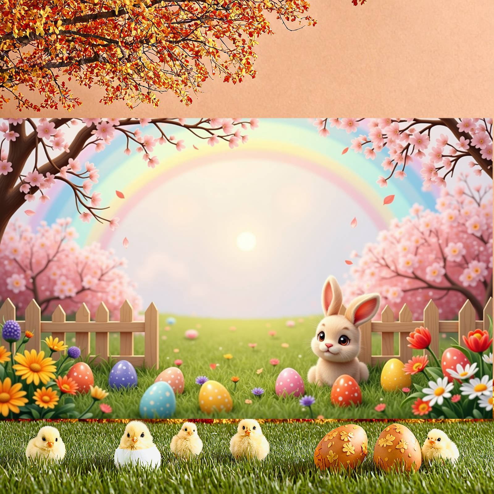 Colorful Eggs Easter Banner Cherry Blossom Spring Backdrop Rainbow Cute ...