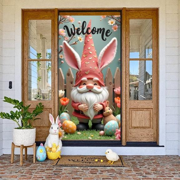 Colorful Eggs Easter Welcome Banner Pink Bow Spring Backdrop Blue Flowers Striped Pattern Egg Hunt Backdrop for Easter Party Spring Gathering Egg Hunt Event