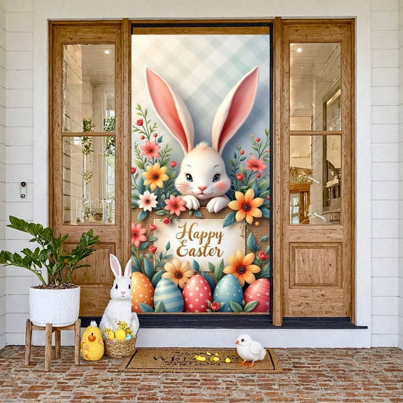Colorful Eggs Easter Welcome Banner Pink Bow Spring Backdrop Blue Flowers Striped Pattern Egg Hunt Backdrop for Easter Party Spring Gathering Egg Hunt Event