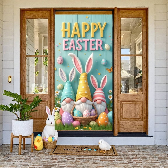 Colorful Eggs Happy Easter Banner Bunny Ears Easter Display Gnome Design Spring Flowers Easter Backdrop for Easter Party Family Gathering Photo Backdrop