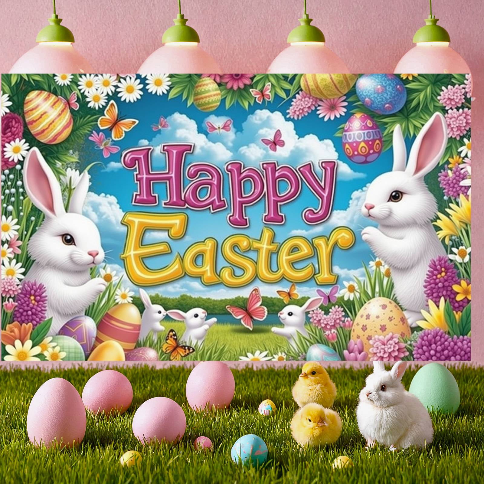 Colorful Eggs Happy Easter Banner Cartoon Bunnies Easter Display Floral