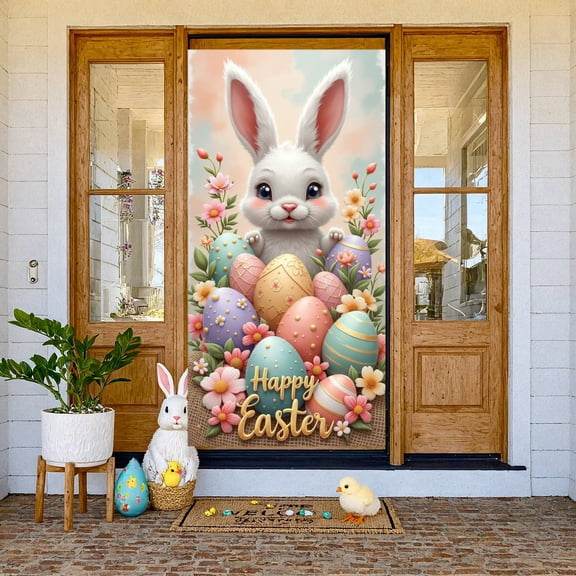Colorful Eggs Happy Easter Banner White Bunny Easter Egg Backdrop Pastel Colors Gold Lettering Spring Floral Background for Easter Party Spring Celebration Home Decoration