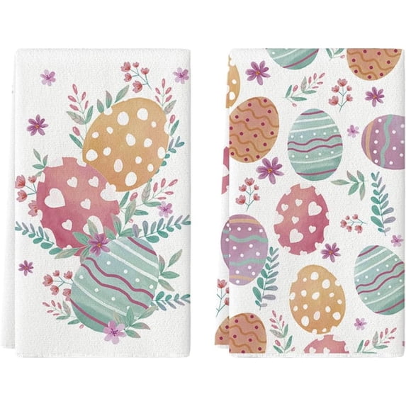Colorful Eggs Heart Easter Flower Kitchen Towels Dish Towels, 18x26 Inch Spring Farmhouse Holiday Decoration Hand Towels Set of 2