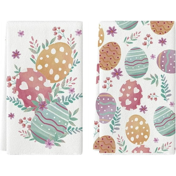 Colorful Eggs Heart Easter Flower Kitchen Towels Dish Towels, 18x26 Inch Spring Farmhouse Holiday Decoration Hand Towels Set of 2