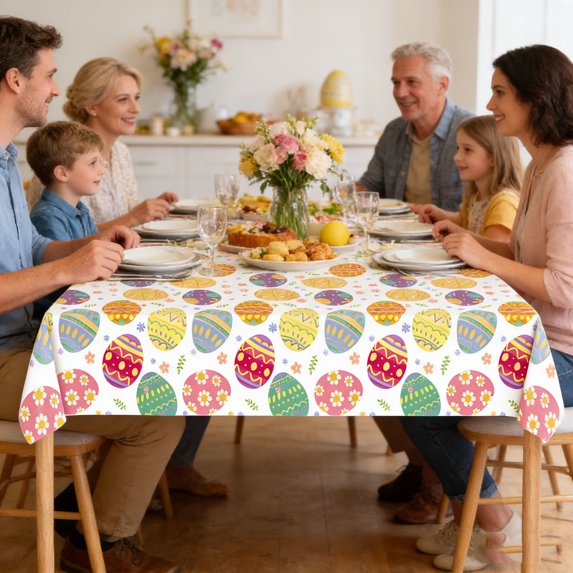 Colorful Eggs Print Easter Tablecloth 107in x 54in, Rectangle Washable Table Linen Holiday Table Cover for Home Kitchen Dinner Decor, Party Decor Favors