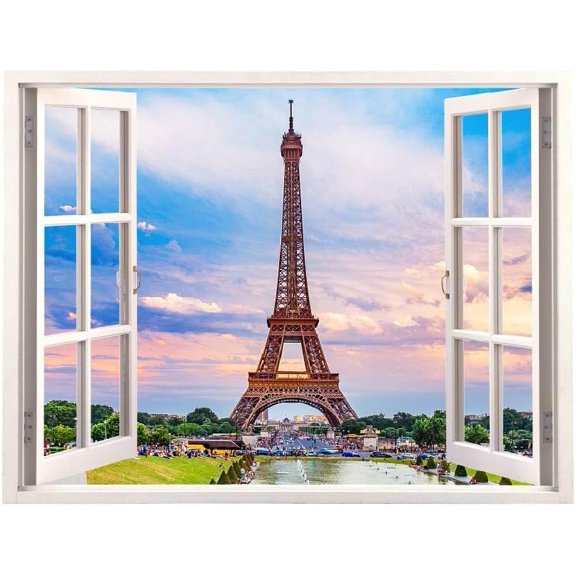 Colorful Eif-fel Tower Wall Decals 3D Window View Wall Sticker Window View Nature Photography Wall Art Vinyl Stickers for Living Room Bedroom Office 1set