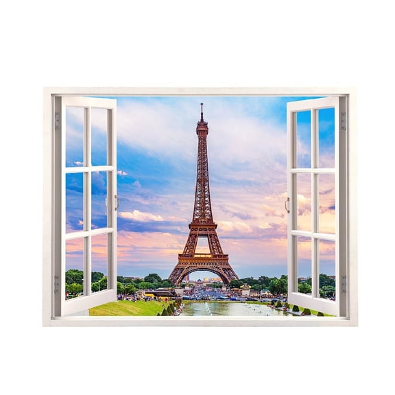Colorful Eif-fel Tower Wall Decals 3D Window View Wall Sticker Window View Nature Photography Wall Art Vinyl Stickers