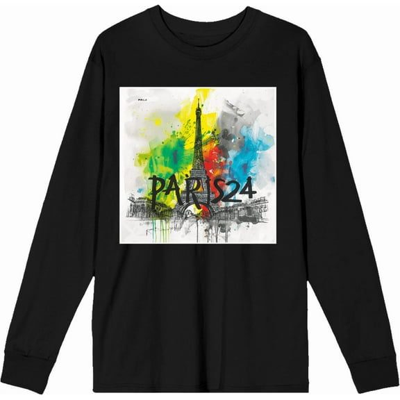 Colorful Eiffel Tower Adult Black Crew Neck Long Sleeve Tee-Large