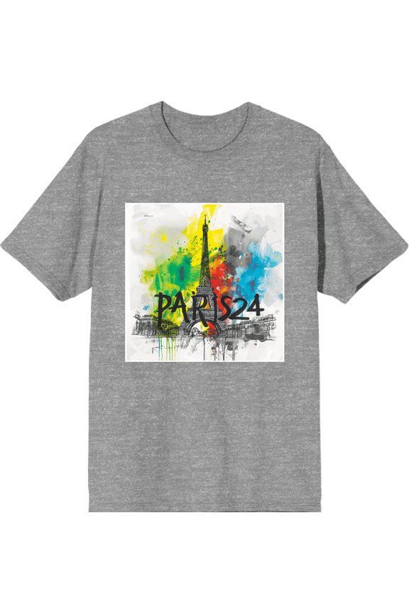 Colorful Eiffel Tower Adult Heather Gray Crew Neck Short Sleeve Tee-XXL