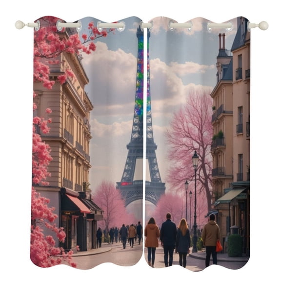 Colorful Eiffel Tower in Spring 2 Panels 3D Printing Pattern Curtain for Bedroom Living Room Kitchen Window Decoration Home