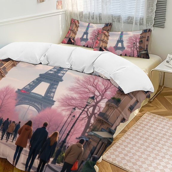Colorful Eiffel Tower in Spring Bedding Set Couple Bedclothes Pillowcase Customized Home Textiles Bed Set for Bedroom Decoration