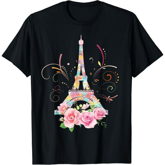 Colorful Eiffel Tower of Paris in France Parisian Rose T-Shirt100% cotton