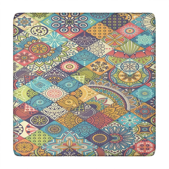 Colorful Elastic Edge Square Table Cover 34x34 Inch, Bohemian Floral Pattern for Card Tables and Patio Dining
