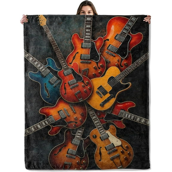 Colorful Electric Guitar Throw Blanket for Boys Girls Kids Adults, Cozy Music Instrument Theme Flannel Blankets Gifts for Camping, Bedroom, Couch, Room Home Decor, 50 x 60 inch
