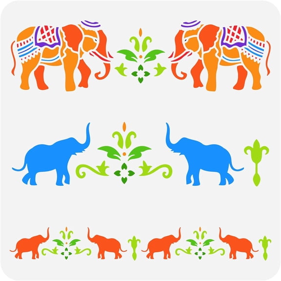 Colorful Elephant Border Painting Stencil 11.8x11.8inch Reusable Indian Elephant Pattern Drawing Template Flower and Animal Elephant Decoration Stencil for Painting on Wood Wall and Furniture