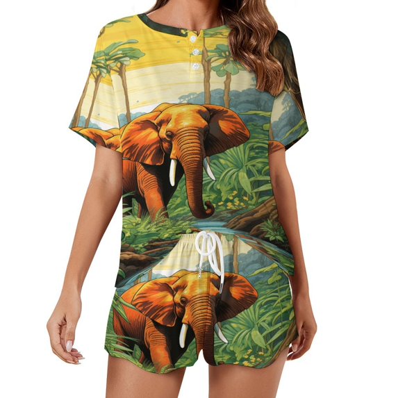 Colorful Elephant Flower 2 Pack Women’s Pajama Set Print Sleepwear And Shorts Y2k Loungewear Sets S-5XL