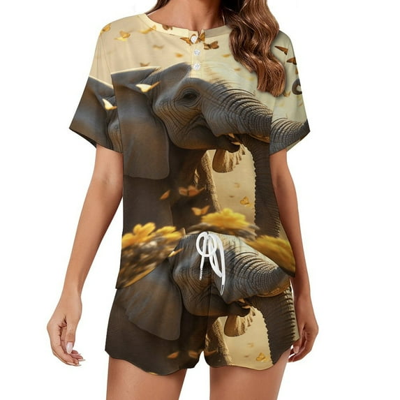 Colorful Elephant Flower 2 Pack Women’s Pajama Set Print Sleepwear And Shorts Y2k Loungewear Sets S-5XL