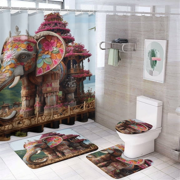 Colorful Elephant Flower 4 Piece Shower Curtain Sets, Non-Slip Rugs, Toilet Lid Cover And Bath Mat, for Bathroom Decor Set, 72" X 72"