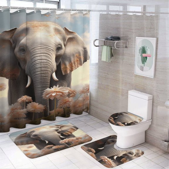 Colorful Elephant Flower 4PCS Shower Curtain Sets with Rugs with Non-Slip Bath Mat Toilet Rug，72" X 72"