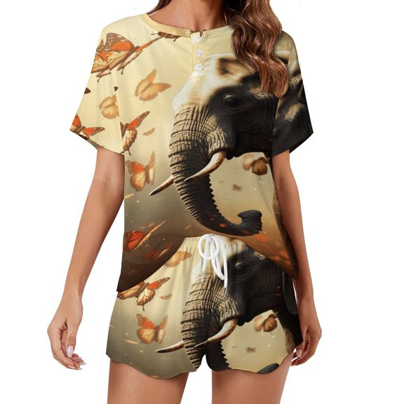 Colorful Elephant Flower Pajama Set for Women 2 Piece Sleepwear Loungewear Short Sleeve
