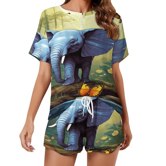 Colorful Elephant Flower Pajama Set for Women 2 Piece Sleepwear Loungewear Short Sleeve