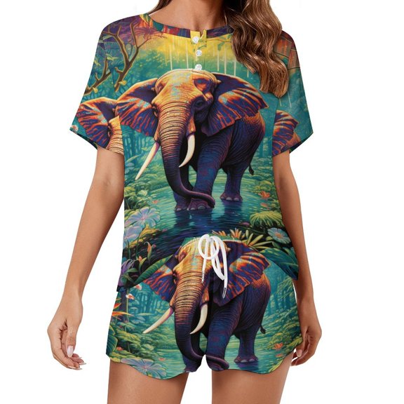 Colorful Elephant Flower Pajama Set for Women 2 Piece Sleepwear Loungewear Short Sleeve