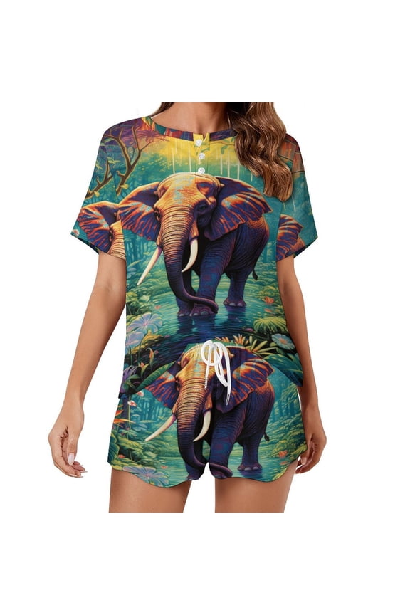 Colorful Elephant Flower Pajama Set for Women 2 Piece Sleepwear Loungewear Short Sleeve