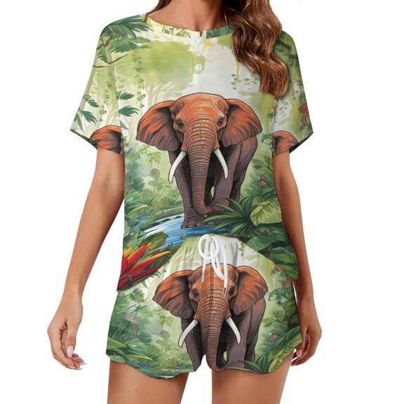 Colorful Elephant Flower Pajama Set for Women 2 Piece Sleepwear Loungewear Short Sleeve