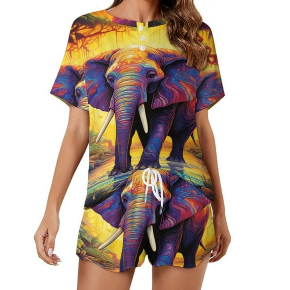 Colorful Elephant Flower Print Women'S Pajamas Set Summer Sleepwear Sets 2 Piece Lounge Set